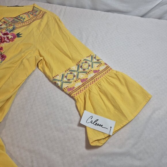 Calessa Women's Blouse Size L Boho  V-Neck Long Sleeve Yellow Embroidered (53) - Picture 6 of 11
